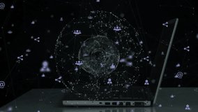 Hand gliding across laptop keyboard causing social icons pulsing and forming spinning globe network. Technology, connectivity, digital, innovation, communication, cybersecurity, data - Powered by Shutterstock - Get 15% off with code: PIKWIZARD15