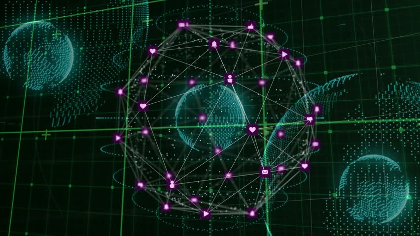 Upon grid activation network sphere rotating, pulsating and drawing icons visualizing connectivity. Futuristic, technology, cyberspace, abstract, digital, intelligence, visualization - Powered by Shutterstock - Get 15% off with code: PIKWIZARD15