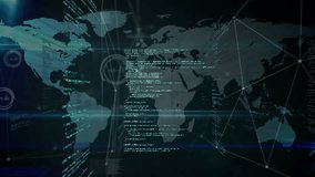 Beginning digital world map appearing code flowing rotating HUD user nodes connecting network flow. Technology, cybersecurity, data visualization, network architecture, digital interface, information - Powered by Shutterstock - Get 15% off with code: PIKWIZARD15