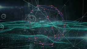 Labels appearing and gauge fading starting sphere rotating wave rising bars pulsing to show metrics. Cyberspace, data, visualization, holographic, futuristic, technology, analytics - Powered by Shutterstock - Get 15% off with code: PIKWIZARD15