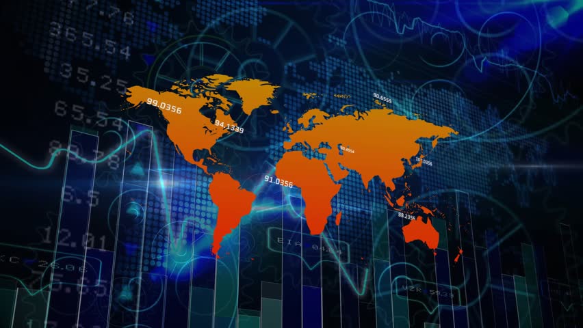 Orange world map showing pulsing ring over North America, starting data labels and flowing wave. Digital, technology, global, data visualization, futuristic, analytics, circuit