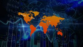 Orange world map showing pulsing ring over North America, starting data labels and flowing wave. Digital, technology, global, data visualization, futuristic, analytics, circuit - Powered by Shutterstock - Get 15% off with code: PIKWIZARD15