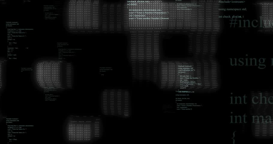 Initiating descending green binary streams floating C++ panels moving ahead displaying 3D code grid. Technology, cybersecurity, programming, data, software, innovation, digital