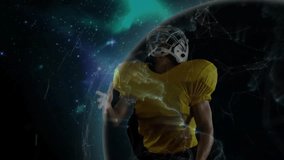 Football player flexing arm in cosmic scene creating globe sprinting to showcase technology network. Athlete, innovation, futuristic, strength, connectivity, digital, motion - Powered by Shutterstock - Get 15% off with code: PIKWIZARD15