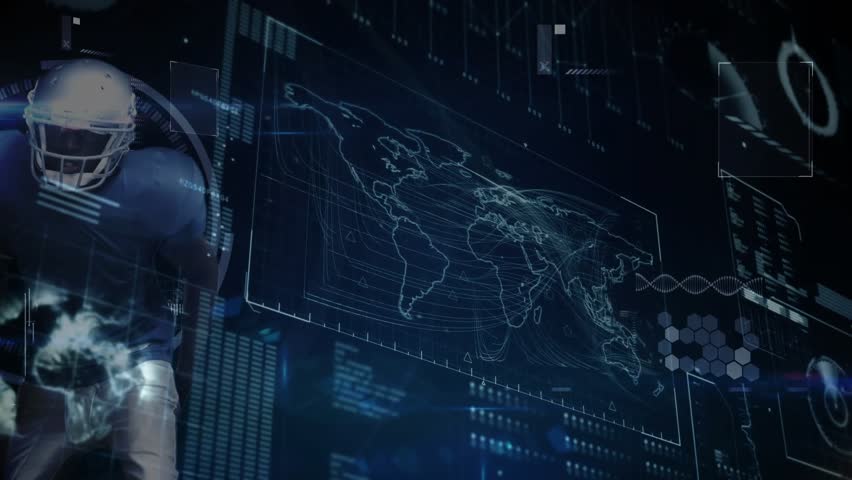 Interface initializing football player emerging with holographic rings scanning game data on map. Futuristic, high-tech, sports, virtual, research, rejuvenation, innovation - Powered by Shutterstock - Get 15% off with code: PIKWIZARD15