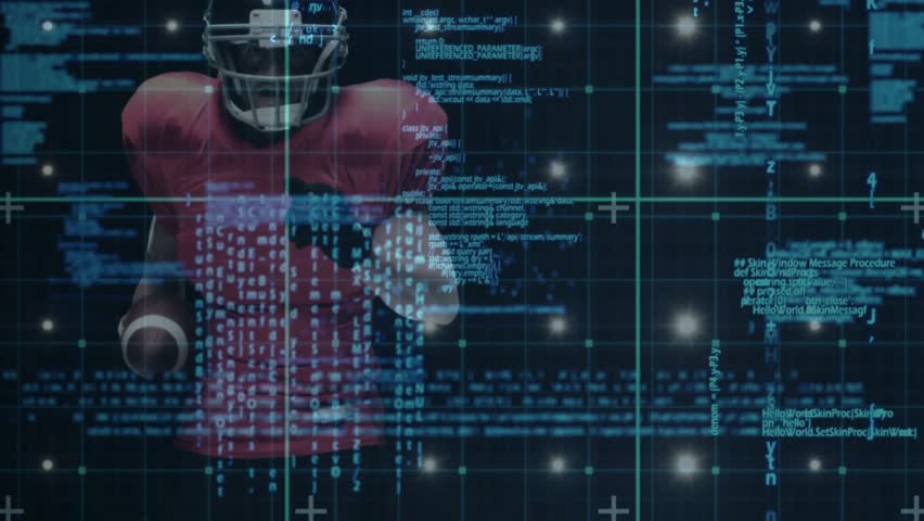 Code overlay fading revealing football player sprinting across grid as defender tackling in tech. Digital, futuristic, sport, action, technology, competition, innovation