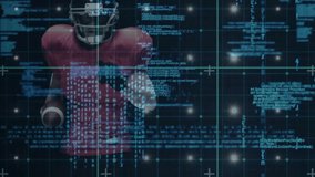 Code overlay fading revealing football player sprinting across grid as defender tackling in tech. Digital, futuristic, sport, action, technology, competition, innovation - Powered by Shutterstock - Get 15% off with code: PIKWIZARD15