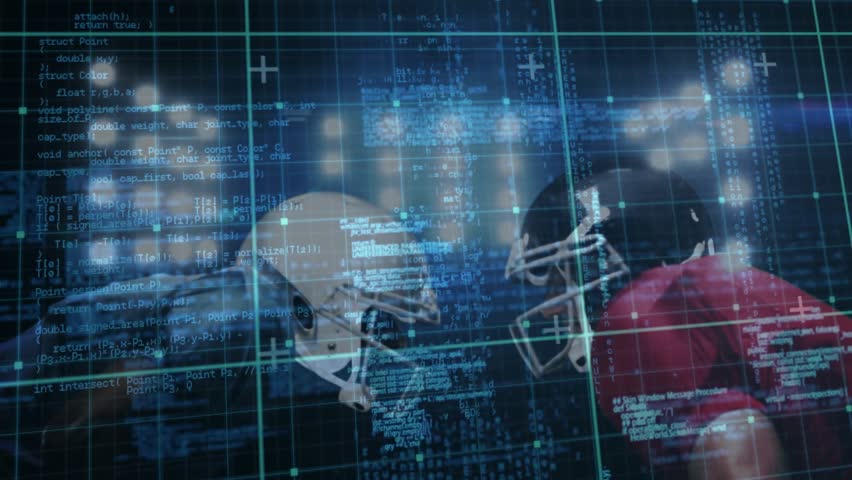 Football linemen squaring off testing balance as digital overlay pulsing sports analytics. Athletics, competition, technology, digital, motion, strategy, sport - Powered by Shutterstock - Get 15% off with code: PIKWIZARD15