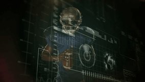 Football player entering fiery CGI flames, cradling ball with data tracking for sports analytics. Athlete, futuristic, digital, innovation, performance, technology, dynamic - Powered by Shutterstock - Get 15% off with code: PIKWIZARD15