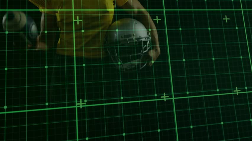 Male football player lifting arm and tossing ball under green grid overlay for sports tech tracking. Athlete, sports, futuristic, motion, digital, competition, technology - Powered by Shutterstock - Get 15% off with code: PIKWIZARD15