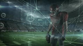 Football player on stadium turf with data nodes emerging from left starting live analysis expanding. Athlete, technology, innovation, sportswear, performance, digital, analytics - Powered by Shutterstock - Get 15% off with code: PIKWIZARD15