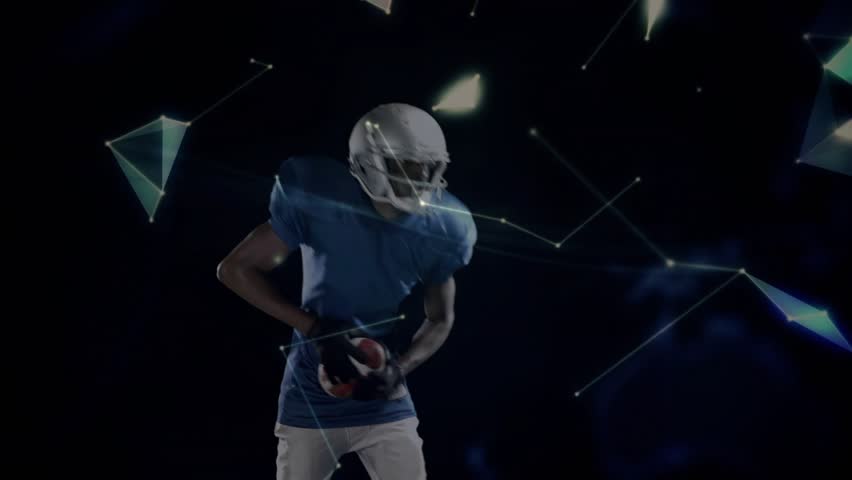 American football player raising for pass in technology space as network shapes pulsing into globe. Futuristic, dynamic, abstract, fitness, innovation, motion, digital - Powered by Shutterstock - Get 15% off with code: PIKWIZARD15