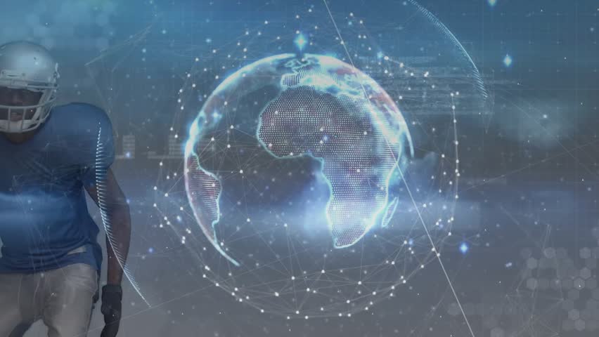 Rotating globe initiating football player sprinting, coiling, throwing pass in sports simulation. Futuristic, technology, sports, animation, digital, giant, seamless