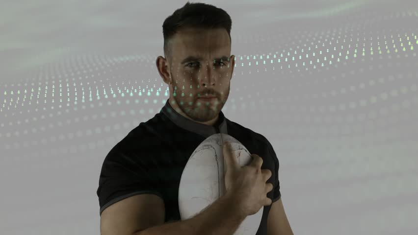 Athlete holding rugby ball pressing chest initiating moving dot wave projection for sports tech. Athletic, technology, innovation, dynamic, modern, performance, digital - Powered by Shutterstock - Get 15% off with code: PIKWIZARD15