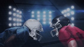 With HUD technology overlay flickering, football players lowering into 3 point stance under lights. Athletes, competition, dynamic, digital, innovation, intensity, performance - Powered by Shutterstock - Get 15% off with code: PIKWIZARD15