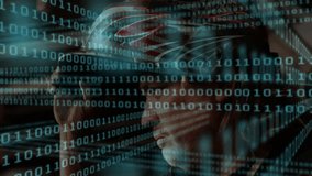 Middle-aged man adjusting hood after binary overlay shifting over blinds and cables, studying code. Technology, cybersecurity, digital, hacker, code, data, innovation - Powered by Shutterstock - Get 15% off with code: PIKWIZARD15