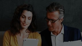 Business woman tracing data points in office as man reviewing reports and animated charts fading in. Professional, analytics, digital, teamwork, modern, data-driven, corporate - Powered by Shutterstock - Get 15% off with code: PIKWIZARD15