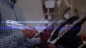 Man tapping tablet and reviewing graph overlays in lab, glancing colleague and smiling. Technology, data analysis, workspace, innovation, corporate, digital, professional - Powered by Shutterstock - Get 15% off with code: PIKWIZARD15