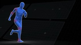 Opening glowing holographic avatar running red rings marking joints with panels displaying analysis. Virtual, analytics, futuristic, performance, biomechanical, interface, motion - Powered by Shutterstock - Get 15% off with code: PIKWIZARD15