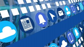 Diagonal blue band appearing from left extending right rotating icons sliding streaming data. Technology, data, connectivity, digital, network, communication, cybersecurity - Powered by Shutterstock - Get 15% off with code: PIKWIZARD15