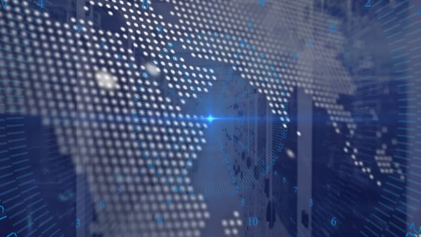 Blue light appearing at corridor activating code animations over map and racks showing data flow. Globalization, dataflow, digitaltech, cybersecurity, network, innovation, infrastructure - Powered by Shutterstock - Get 15% off with code: PIKWIZARD15
