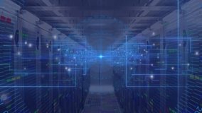 Server room opening, map fading in while network nodes connecting regions visualizing data flow. Technology, networking, data, digital, infrastructure, connectivity, futuristic - Powered by Shutterstock - Get 15% off with code: PIKWIZARD15