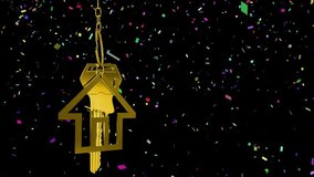 Confetti swirling behind gold house keychain causing swinging, rotating highlighting shiny surfaces. Luxury, celebration, ornament, sparkle, elegance, motion, focus - Powered by Shutterstock - Get 15% off with code: PIKWIZARD15