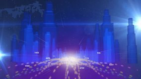 Horizon glow emerging on purple causing floating numbers streaming dot path and shifting data bars. Futuristic, digital, abstract, vibrant, dynamic, technological, neon - Powered by Shutterstock - Get 15% off with code: PIKWIZARD15