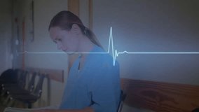 Medical nurse reading noticing doctor pushing patient smiling as EKG overlay speeding then slowing. Healthcare, professionalism, compassion, medical, clinical, hospital, teamwork - Powered by Shutterstock - Get 15% off with code: PIKWIZARD15