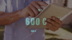 Medical professional tapping tablet screen and updating floating currency values for finance. Professional, technology, urban, digital, healthcare, innovation, analytics - Powered by Shutterstock - Get 15% off with code: PIKWIZARD15