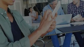 Man tapping tablet and executing deployment for system access in IT meeting with terminal overlay. Technology, innovation, collaboration, digital, workspace, modern, networking - Powered by Shutterstock - Get 15% off with code: PIKWIZARD15