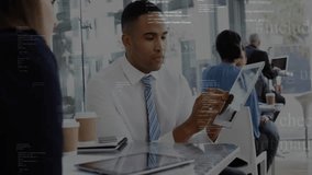 Male professional tapping and swiping code overlay to highlight data for colleague in business cafe. Corporate, teamwork, technology, modern, communication, innovation, professional - Powered by Shutterstock - Get 15% off with code: PIKWIZARD15