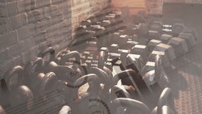 Data graphics fading in kettlebell rack causing camera panning right revealing bench press barbell. Fitness, strength, training, gym, industrial, workout, weights - Powered by Shutterstock - Get 15% off with code: PIKWIZARD15