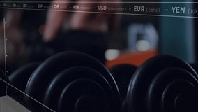 Finance charts overlay appearing in gym guiding shirtless man doing dumbbell curls syncing data. Fitness, strength, dedication, determination, modern, energetic, performance - Powered by Shutterstock - Get 15% off with code: PIKWIZARD15