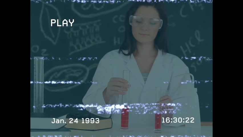 Female scientist reaching for tubes comparing red liquid levels at lab bench with animated formulas. Researcher, innovation, educational, scientific, analysis, precision, experimentation - Powered by Shutterstock - Get 15% off with code: PIKWIZARD15