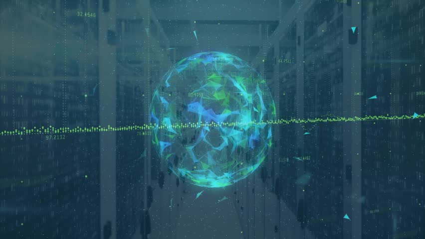 Translucent globe forming in datacenter rotating while green waveform undulating for network flow. Technology, data, cybersecurity, digital, innovation, analytics, futuristic - Powered by Shutterstock - Get 15% off with code: PIKWIZARD15