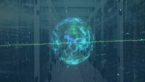 Translucent globe forming in datacenter rotating while green waveform undulating for network flow. Technology, data, cybersecurity, digital, innovation, analytics, futuristic - Powered by Shutterstock - Get 15% off with code: PIKWIZARD15