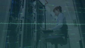 Female IT tech powering laptop initiating network checks while calling phone pulsing data globe. Technology, data center, cybersecurity, connectivity, digital transformation, network, innovation - Powered by Shutterstock - Get 15% off with code: PIKWIZARD15