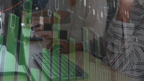 Data lines appearing on monitor causing chart overlay, agents typing and handling finance calls. Technology, analytics, business, teamwork, professional, modern, digital - Powered by Shutterstock - Get 15% off with code: PIKWIZARD15