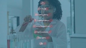 science student pipetting green fluid into beaker observing reaction with DNA helix swirling. Innovation, education, discovery, experimentation, curiosity, precision, modern - Powered by Shutterstock - Get 15% off with code: PIKWIZARD15