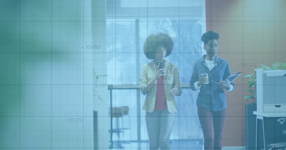 Two colleagues walking corridor with phone and tablet causing graphs illustrating business trends. Business, teamwork, collaboration, office, technology, innovation, productivity
