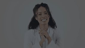 Scientist woman clasping hands as double helix graphic forming and sweeping illustrating biotech. Innovative, futuristic, educational, scientific, digital, corporate, inspirational - Powered by Shutterstock - Get 15% off with code: PIKWIZARD15