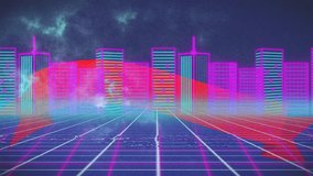 Upon scene starting, stylized neon-lit cityscape flickering scan lines conveying synthwave mood. Cyberspace, futurism, digital, retro, aesthetic, immersive, moody - Powered by Shutterstock - Get 15% off with code: PIKWIZARD15