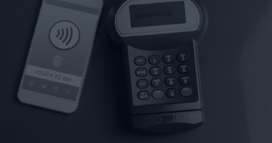Contactless payment starting payment devices connecting while HUD showing code securing connection. Technology, cybersecurity, digital transaction, innovation, user interface, data protection,