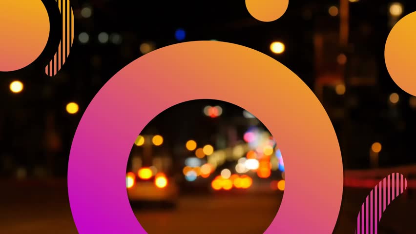 Gradient ring fading into view and stripes appearing, looping over night traffic for overlay effect. Abstract, neon, motionless, modern, digital, vibrant, geometric - Powered by Shutterstock - Get 15% off with code: PIKWIZARD15