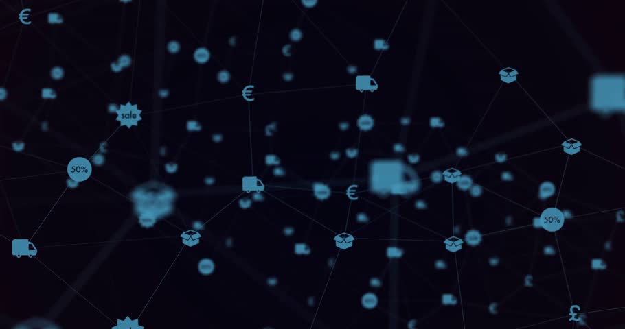 Beginning with blue commerce icons floating, neon lines connecting clusters, network expanding. Digital, futuristic, vibrant, connectivity, technology, innovation, cyberspace
