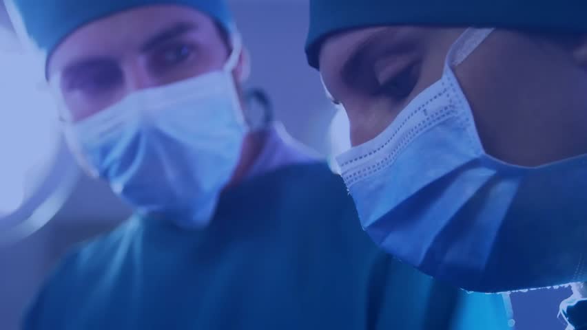 Two surgeons nodding in OR, igniting expanding network overlay illustrating medical collaboration. Medical, collaboration, networking, teamwork, innovation, healthcare, technology - Powered by Shutterstock - Get 15% off with code: PIKWIZARD15