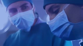 Two surgeons nodding in OR, igniting expanding network overlay illustrating medical collaboration. Medical, collaboration, networking, teamwork, innovation, healthcare, technology - Powered by Shutterstock - Get 15% off with code: PIKWIZARD15