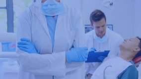 Female dentist adjusting mask while numeric data enveloping team demonstrating healthcare analytics. Medical, professional, clinical, technology, diagnostics, healthcare, innovation - Powered by Shutterstock - Get 15% off with code: PIKWIZARD15