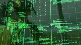 Green code grid overlay initiating inspector scanning pole during line inspection viewing AR data. Technology, innovation, data visualization, outdoor, industrial, futurism, engineering - Powered by Shutterstock - Get 15% off with code: PIKWIZARD15